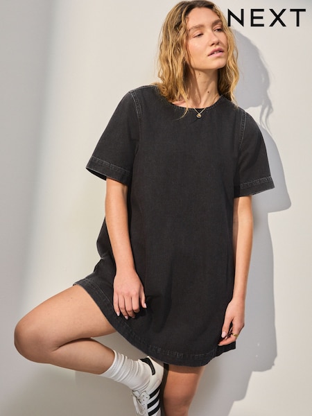 Washed Black Denim T-Shirt Mini Dress (F25338) | £34