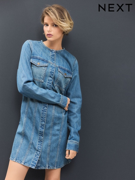 Green Tint Collarless Long Sleeve Denim 100% Cotton Mini Dress (F25342) | £42