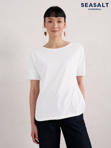 Seasalt Cornwall White Bryher View 100% Cotton Boat Neck T-Shirt (F25402) | £28