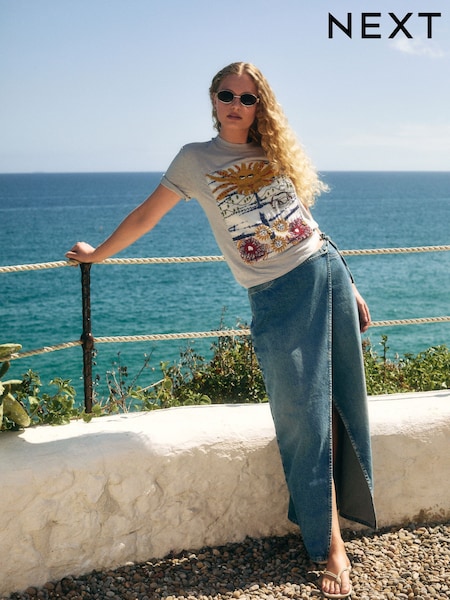 Mid Blue Wrap Maxi Denim Skirt (F25427) | £0