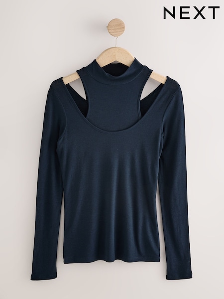Navy Layered Semi Sheer High Neck Ribbed Long Sleeve Top (F25457) | £18