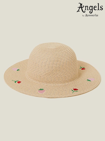 Angels By Accessorize Natural Girls Strawberry Embroidered Straw Hat (F25795) | £14