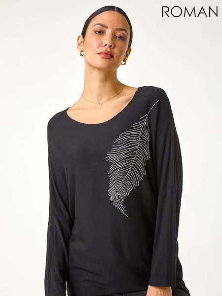 Roman Black Hotfix Feather Stretch Knit Top (F25882) | £42