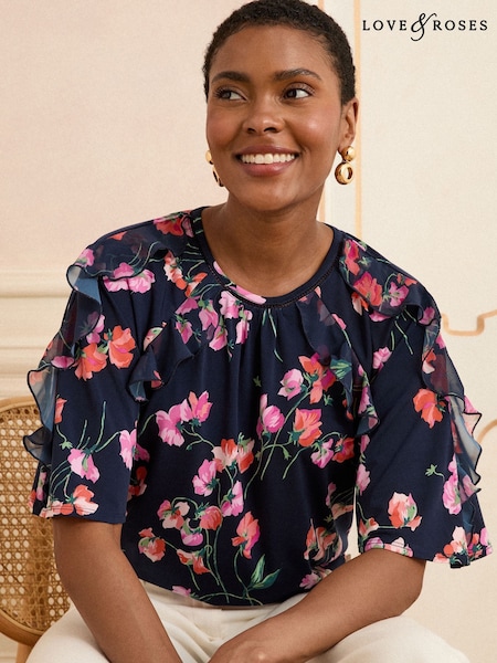 Love & Roses Blue/Navy Floral Print Short Sleeve Ruffle Blouse (F26042) | £30