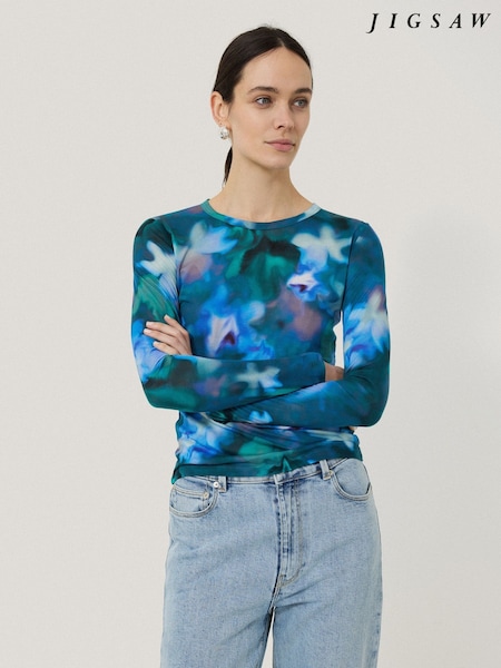 Jigsaw Green Floral Print Mist Long Sleeve T-Shirt (F26059) | £75