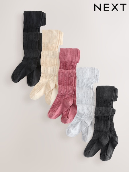 Pink/Charcoal Grey and Cream Cotton Rich Cable Tights 5 Pack (F26126) | £25 - £35