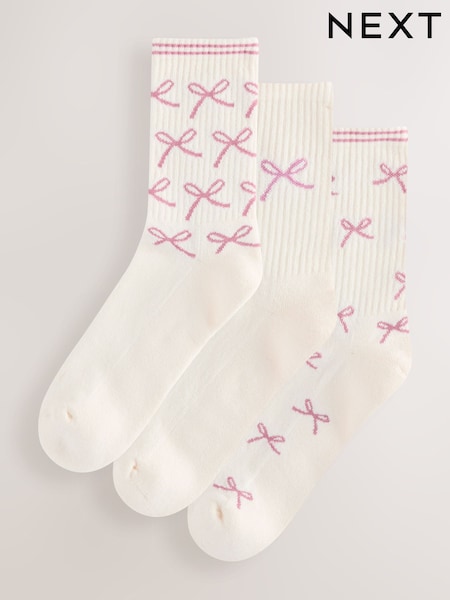 Cream/Bows Cushion Sole Ribbed Sport Ankle Socks With Arch Support 3 Pack (F26173) | £10