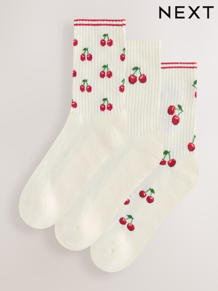 Cream/Cherries Cushion Sole Ribbed Sport Ankle Socks With Arch Support 3 Pack (F26174) | £10