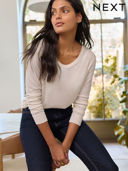 Oatmeal Sheer Crew Neck Long Sleeve Top (F26218) | £16