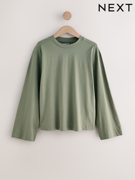 Green Relaxed Long Sleeve Crew Neck T-Shirt (F26229) | £12