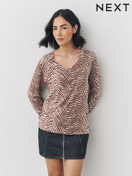 Zebra Print Cotton Modal Blend Slouch Long Sleeve T-Shirt (F26233) | £14