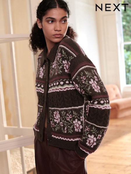Chocolate Brown Floral Cable Knit Collar Cardigan With Wool (F26317) | £35