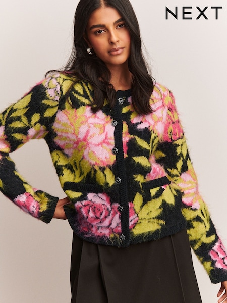 Black Multi Brushed Floral Pattern Knitted Cardigan (F26320) | £48