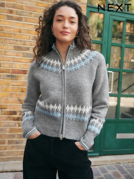 Grey Multi Argyle Zip Up Knitted Bomber Cardigan (F26322) | £39