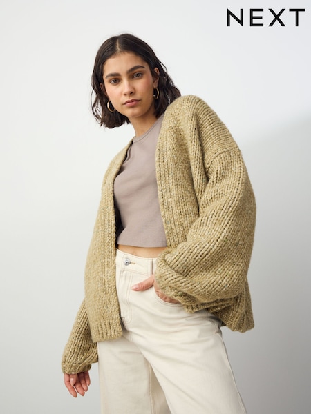 Olive Green Neppy Soft Touch Chunky Knit Cardigan With Wool (F26332) | £39