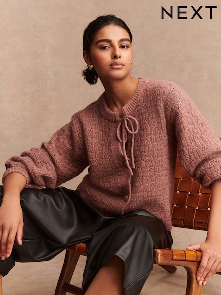 Blush Pink Tie Neck Heart Button Cardigan (F26333) | £40