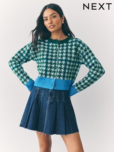 Green Multi Houndstooth Crew Neck Knitted Cardigan (F26337) | £35