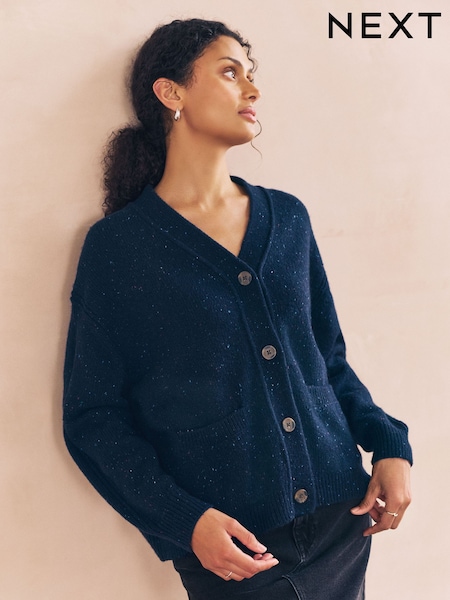 Navy Blue Cotton And Wool Blend Nappy V-Neck Pocket Cardigan (F26340) | £36