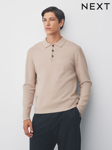 Oatmeal Button Neck Regular Fit Premium Long Sleeve Knit Polo Shirt (F26356) | £36