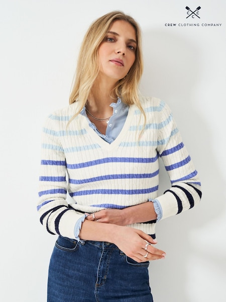 Crew Clothing Light Blue Heritage Cable V-Neck Jumper (F26395) | £55