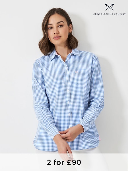 Crew Clothing Company Blue Gingham Relaxed Poplin 100% Cotton Shirt (F26448) | £59