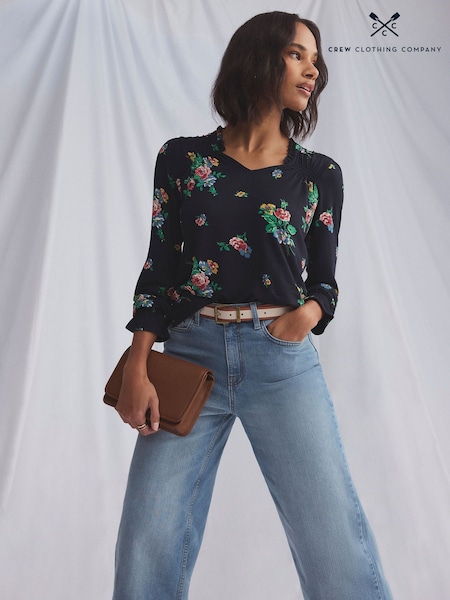 Crew Clothing Blue Long Shirred Sleeve V-Neck Top (F26453) | £39