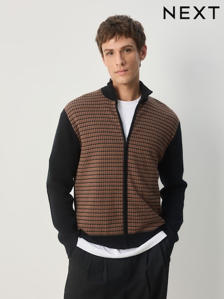 Black/Brown Regular Fit Houndstooth Pattern Collared Zip-Through Cardigan (F26488) | £42