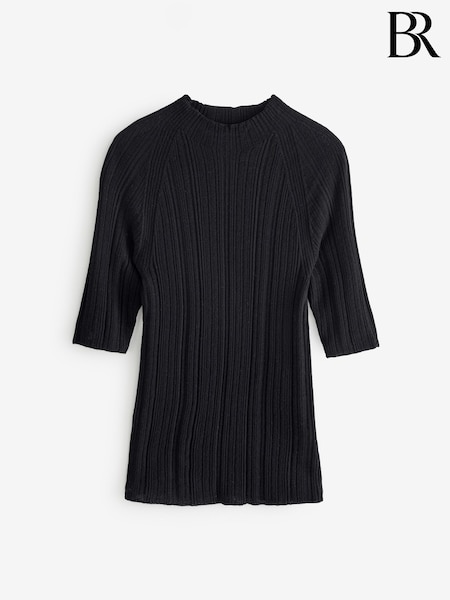 Banana Republic Black Ribbed Merino Mock-Neck Elbow-Sleeve Jumper (F26530) | £55