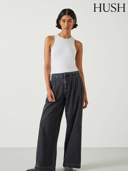 Hush Black Lya Pleated Wide Leg 100% Cotton Jeans (F26709) | £90
