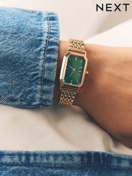 Gold Tone Octogan Shaped Green Dial Watch (F26729) | £38