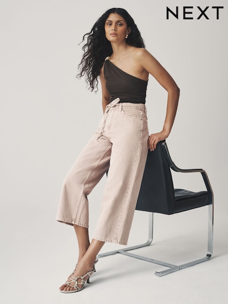Pink Tie-Waist Cropped Wide Leg Jeans (F26804) | £34