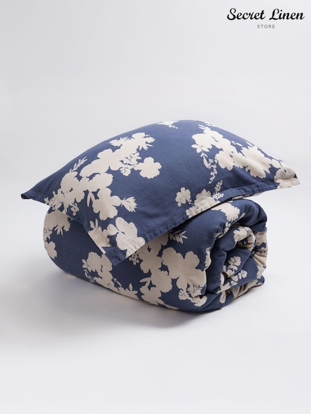Secret Linen Store Ink Blue Flower Press Linen Blend Pillowcase Cover (F26805) | £27