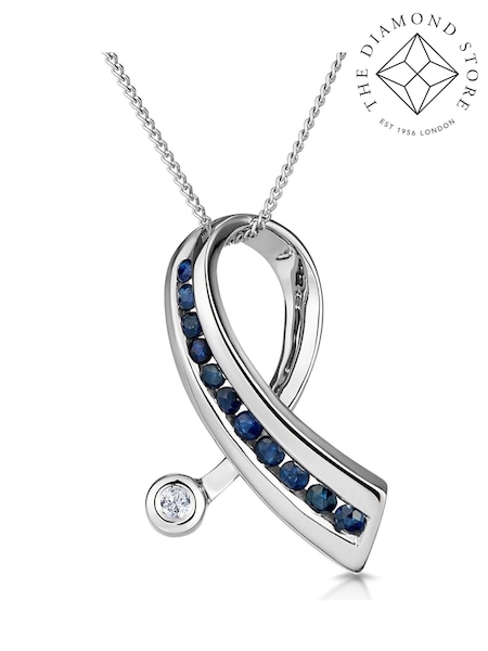 The Diamond Store Sapphire And Diamond 0.02CT Ribbon Pendant Necklace in 9K White Gold (F26826) | £345