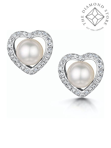 The Diamond Store White Stellato Collection Pearl and Diamond Heart Earrings in 9K White Gold (F26907) | £399