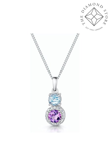 The Diamond Store 9K White Gold Purple Amethyst Blue Topaz and Diamond Pendant Necklace (F26931) | £245