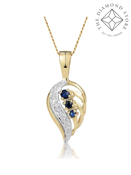 The Diamond Store 9K Yellow Gold Blue Sapphire 9 x 14 mm And Diamond Pendant Necklace (F26970) | £195