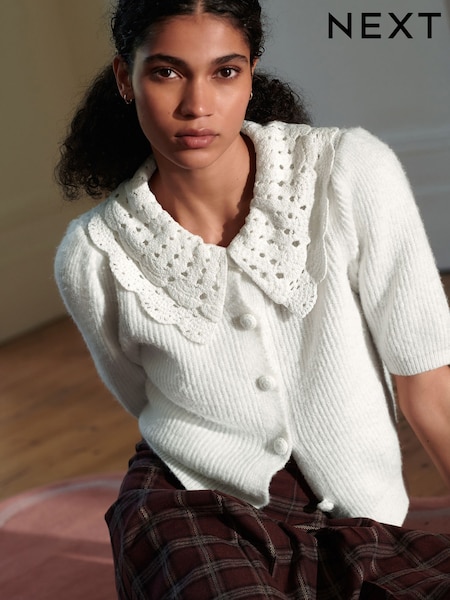 White Crochet Collar Short Sleeve Cardigan (F27003) | £42
