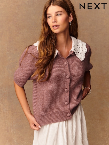 Blush Pink Crochet Collar Short Sleeve Cardigan (F27004) | £42