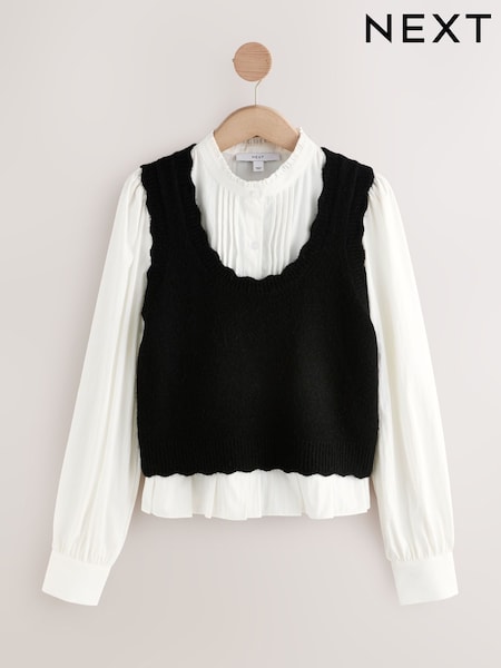 Monochrome Ruffle Neck Shirt Layer Knitted Tank (F27005) | £45