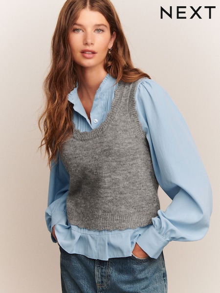 Grey/Blue Ruffle Neck Shirt Layer Knitted Tank (F27006) | £45