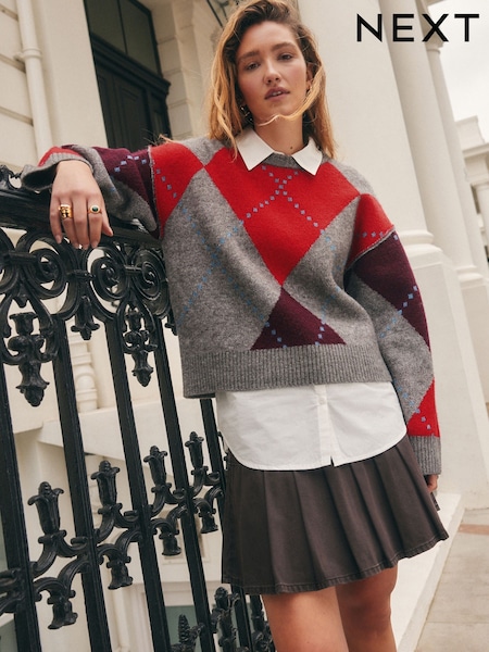 Grey Multi Argyle Shirt Layer Knitted Jumper With Wool (F27009) | £44
