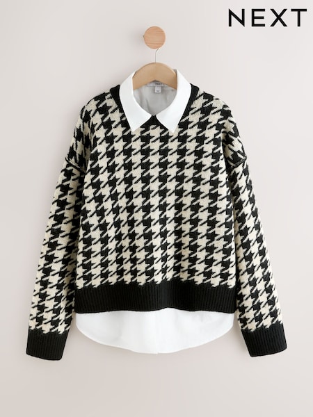 Mono Houndstooth Shirt Layer Knitted Jumper With Wool (F27010) | £44