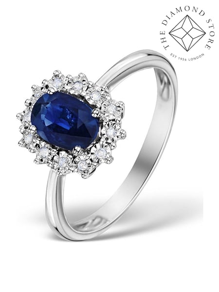 The Diamond Store 925 Silver Sapphire Ring With Lab Diamond 7 x 5mm Halo Set (F27050) | £219