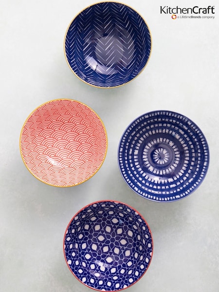 Kitchencraft Set of 4 Blue Patterned Ceramic Cereal Bowls (F27124) | £29