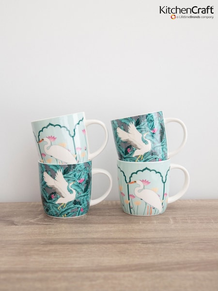 Kitchencraft Set of 4 Green Exotic Bird Colourful Ceramic Mugs (F27134) | £29