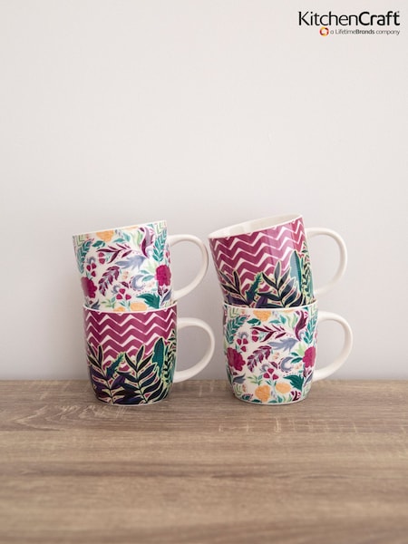 Kitchencraft Set of 4 Pink Exotic Floral Patterned Ceramic Mugs (F27143) | £29