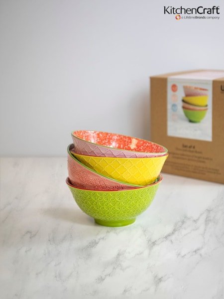 Kitchencraft Set of 4 Pink Patterned Colourful Ceramic Cereal Bowls (F27146) | £29