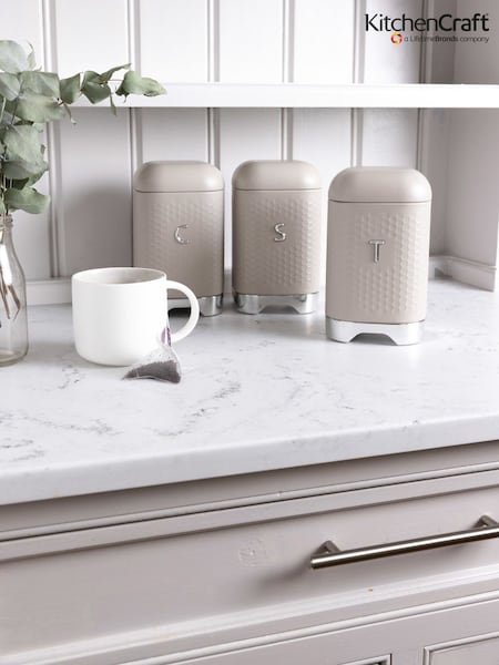 Kitchencraft Cream Textured Geometric Canisters Tea Coffee Sugar Set (F27147) | £60