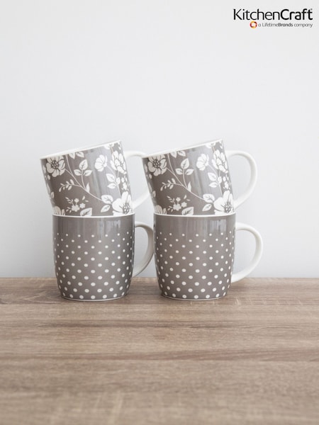 Kitchencraft Set of 4 Grey Floral Polka Dot Ceramic Mugs (F27148) | £29