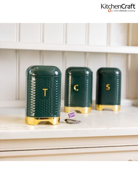 Kitchencraft Green Textured Geometric Tea Coffee Sugar Canisters Set (F27156) | £60
